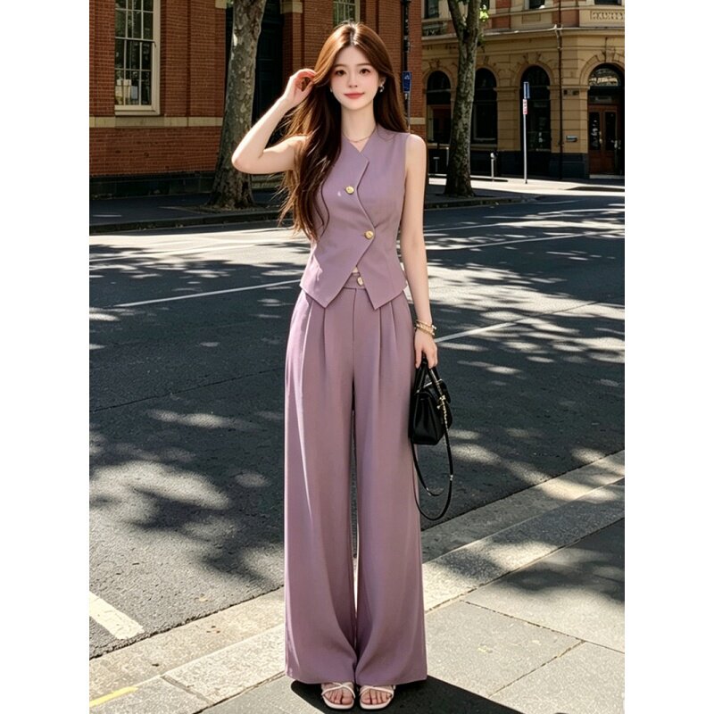 Purple Mature Style Slimming Suit for Women 2026 Summer New Design Sleeveless Vest High-Waisted Wide-Leg Pants Two-Piece Set