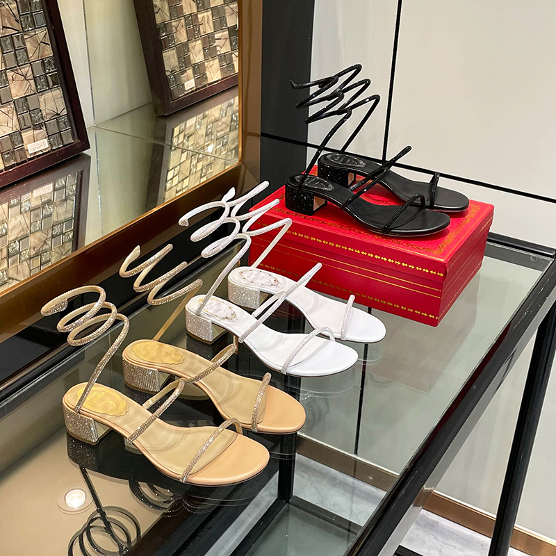 Rc High Heels with Snake-Shaped Winding Rhinestones, Chunky Heel, Open-Toe Roman Strap Sandals, Fairy Style, Summer Outerwear with a High-End Feel