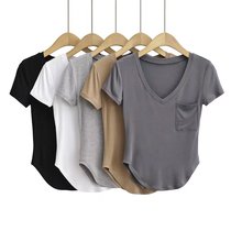 Vertical V-collar Model Short Sleeve T-Shirt Swing Arc Design Pocket High Waist Short Short-Short-Short-Short-Short-Short-Short-Short-Short-Short-Short-Dress Sweater