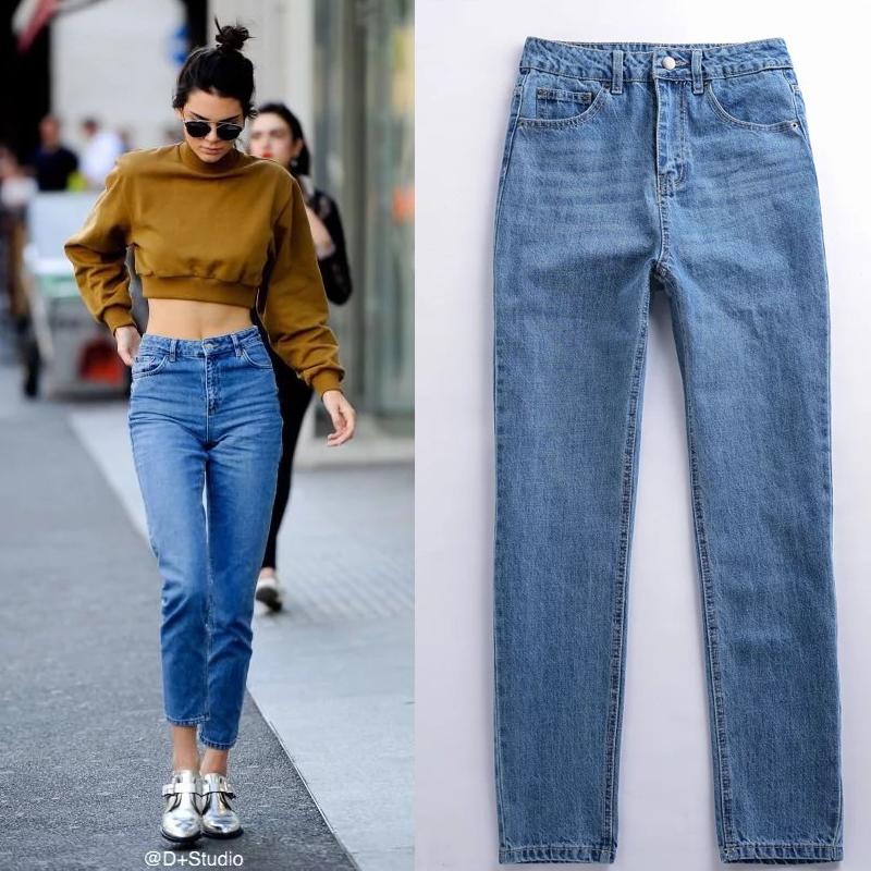 Jin Xiaomei The same European and American retro high waist slim blue jeans trousers women's classic straight tube rolled edge harem pants