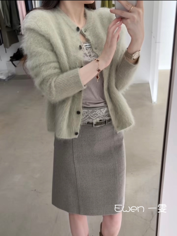 Nano Genuine ~ Korean Custom-Dyed Sage Green Wool Brushed Cashmere Cardigan for Women, Round Neck, Single-Breasted Sweater