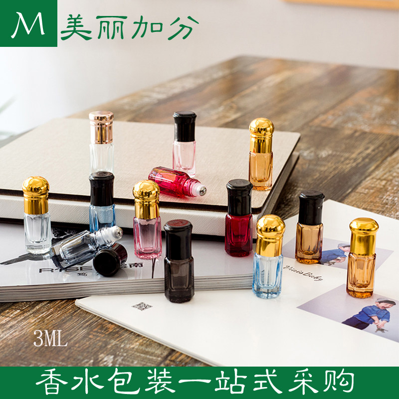 3ML roller ball bottle perfume sub-bottling black cover new octagonal colored glass essential oil steel ball bottle spot