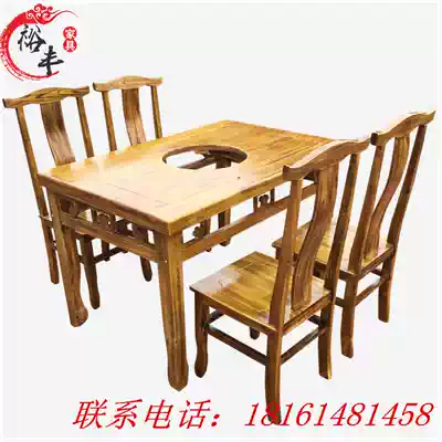Solid wood hot pot table and chair Charcoal-burning marble wood hot pot table and chair Induction cooker liquefied gas gas stove hot pot table long table