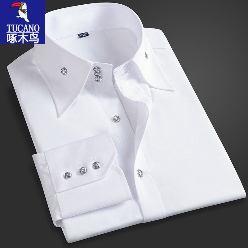 Woodpecker Men's Autumn High Collar White Long Sleeve Shirt Spring and Autumn Men's Shirt 2024 New Men's Large Collar Shirt