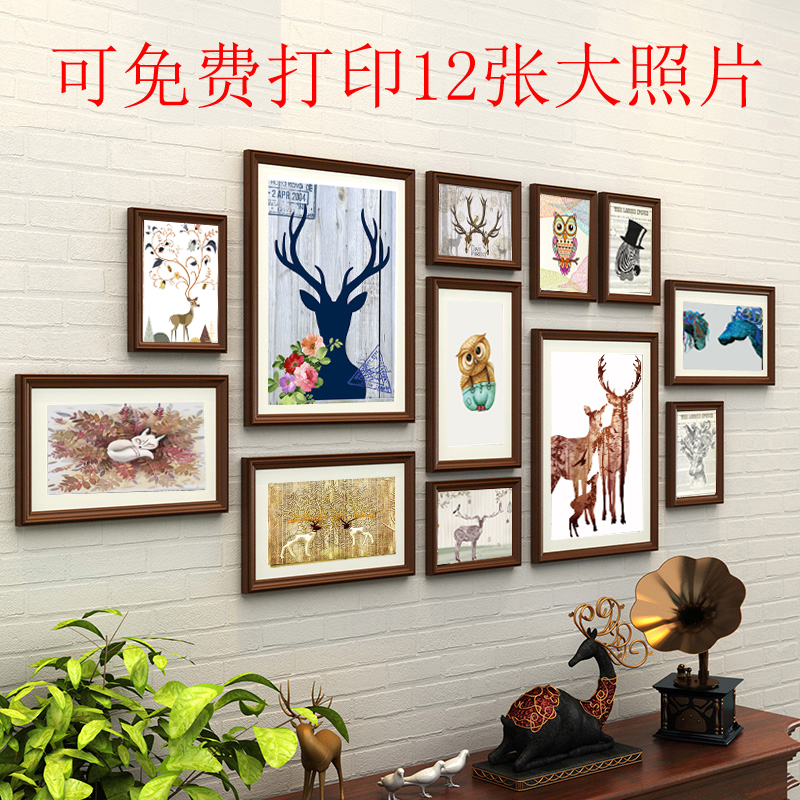 Decorative European-Style Photo Frame Wall for Living Room and Dining Room, Creative Combination Wall-Mounted Picture Frame, 12-Frame Large Solid Wood Photo Wall