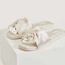 2021 new style square head open toe bow word belt sandals womens summer flat fairy single shoes bridal slippers satin