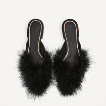 Summer new feather decoration za pointed low-heeled hairy shoes women Baotou half slippers ra wear single shoes outside the fairy