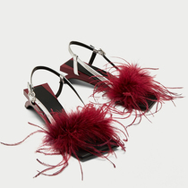 2021 autumn new European station popular word with womens shoes za wild vacation high-heeled fluffy sandals feather ornaments