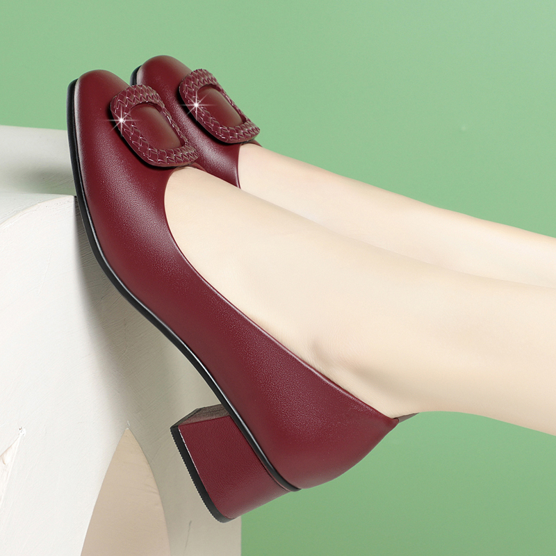 Mom's Shoes 2023 Spring and Autumn Thick-Heeled Women's Shoes Genuine Leather Soft Sole Middle-Aged Low-Heeled Lightweight Red Women's Single Shoes Round Toe