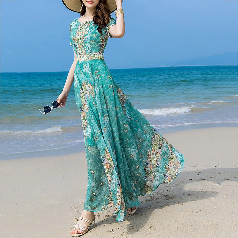 2026 Summer Fashionable and Elegant High-End Silk Mulberry Dress Slim Fit Beach Vacation Long Dress with Flared Hem