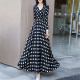 2023 spring new fashion temperament high-end polka dot long-sleeved V-neck dress waist slim retro light luxury dress