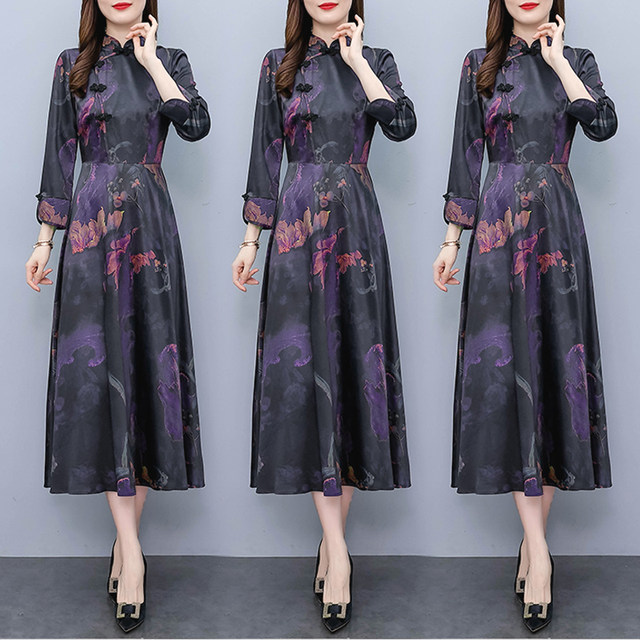 2023 spring new style ladies temperament broad wife cheongsam silk mulberry silk dress slim and slim mid-length skirt