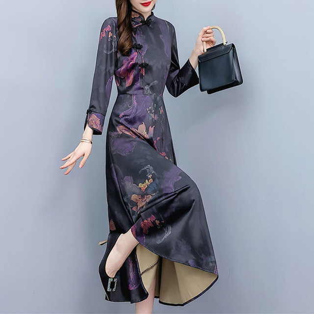 2023 spring new style ladies temperament broad wife cheongsam silk mulberry silk dress slim and slim mid-length skirt