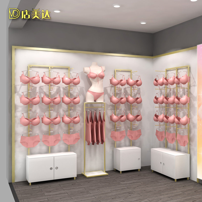 Lingerie store shelves wood grain wrought iron lacquer panties rack bra against the wall display cabinet frame model shelf sleeping hangers
