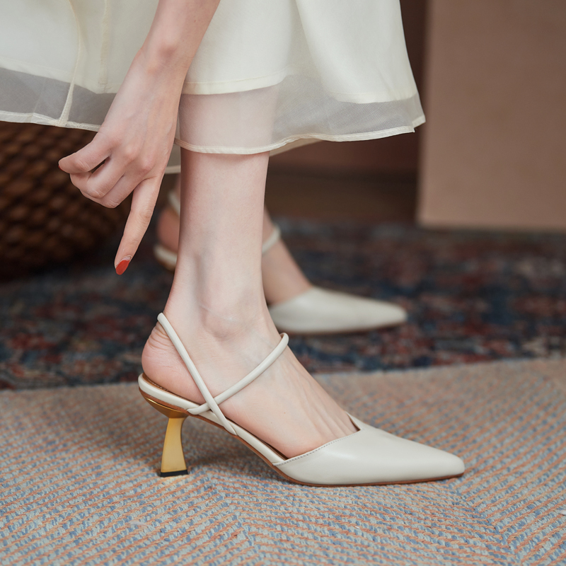 White Fashionable Genuine Leather French-Style Elegant One-Strap Closed-Toe Small Size Sandals for Women 31 32 33 Pointed Toe Stiletto High Heels