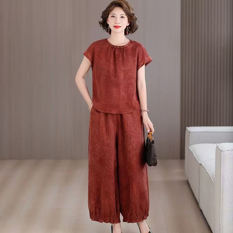 Maxmurny Light Luxury Summer New Style Xiangyun Silk National Style Elegant Slimming Loose Fashionable Versatile Two-Piece Set