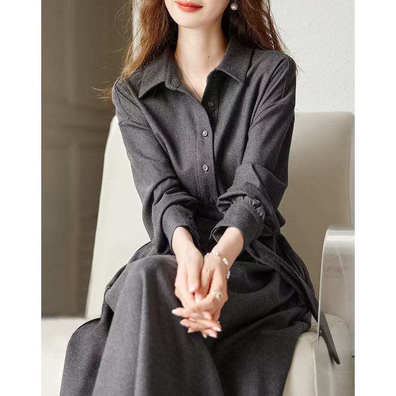 Maxmurny Hepburn Style Spring, Autumn and Winter New Waist-Slimming Long Dress for Women, Classic Versatile Shirt Collar Dress