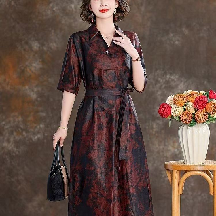 Maxmurny Luxury Summer New Style Xiangyun Silk Retro New Chinese Style Silk Three-Quarter Sleeve Tie-Waist A-Line Dress