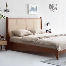 Fujiwara) Nordic solid wood rattan bed ins Jijifeng Japanese style simple modern 1 8 meter bed bedroom double bed
