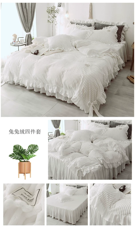 Hàn Quốc nhung công chúa gia đình gió thỏ bốn nhung san hô flannel dày giường chăn giường váy pha lê Fleece - Bộ đồ giường bốn mảnh