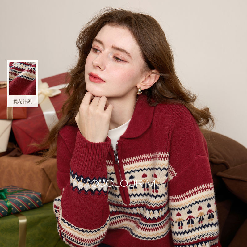 Sancai 2025 Winter New Red Zipper Lapel Christmas New Year Knitwear Loose Fair Isle Sweater for Women