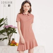 Ba màu 2018 mùa hè sản phẩm mới Casual POLO cổ áo ngắn tay đầm thêu xù váy mỏng váy nữ