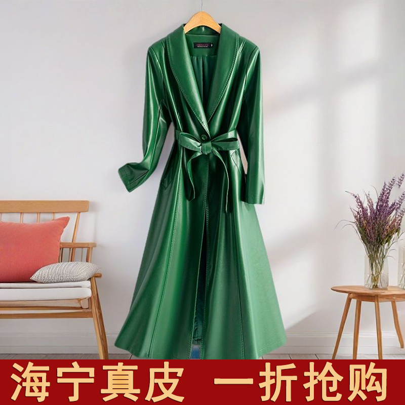Genuine Leather Coat for Women, Mid-Length, High-End, Slim Fit, Over-The-Knee, 2025 Spring and Autumn Hot Style, Sheepskin Jacket with Lace-Up Leather Trench Coat