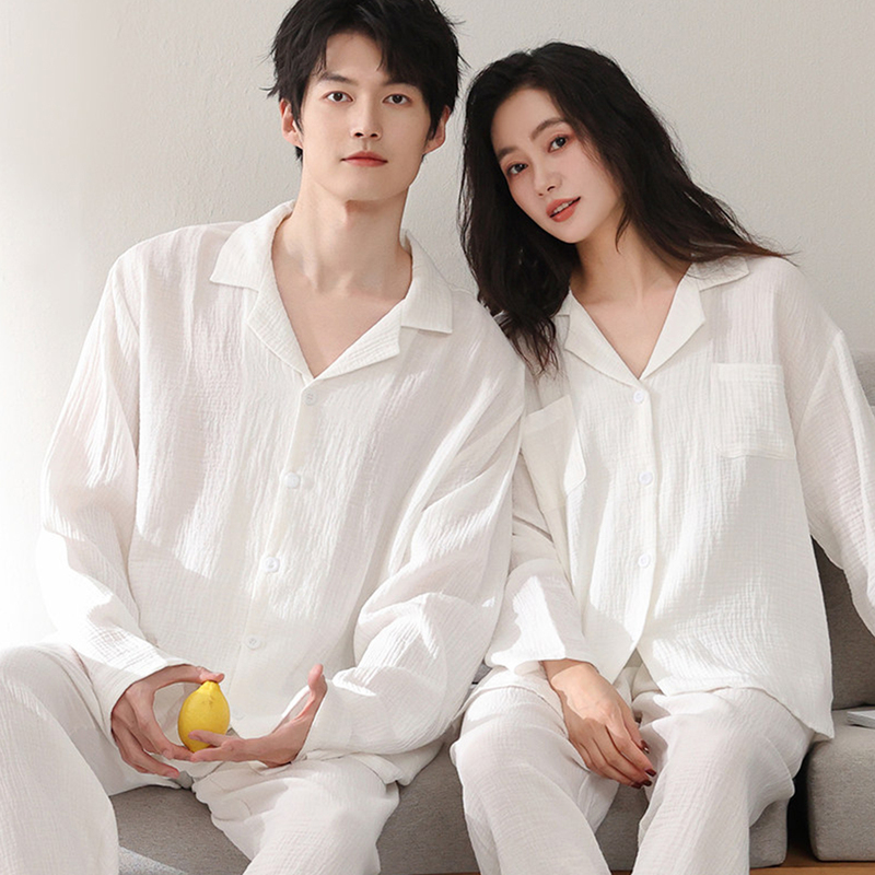 Victoria Pajamas Couple Outfit, One Man and One Woman, Spring and Autumn Long-Sleeved, Pure Cotton, Simple Solid Color, High-End Home Wear