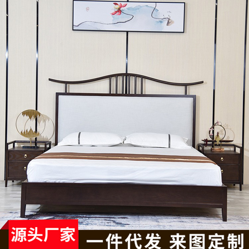 New Chinese style solid wood double bed 18m bedroom fabric queen bed 2m wedding bed hotel homestay Zen furniture simple