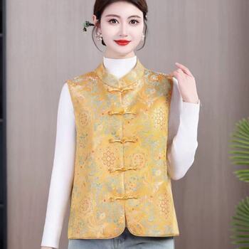 Satin ຮູບແບບຈີນໃຫມ່ stand-up collar button vest ແມ່ຍິງ retro ພິມແບບກະທັດຮັດຂອງແມ່ຍິງອາຍຸກາງ, ເຄື່ອງນຸ່ງຫົ່ມຂອງແມ່ແບບແຫ່ງຊາດ vest top