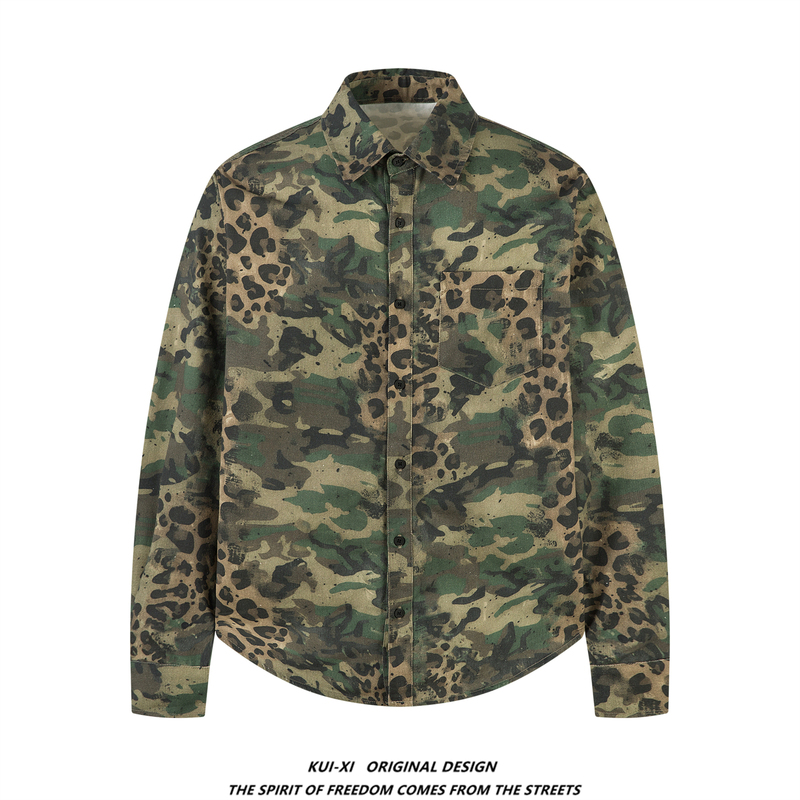 American High Street Retro All-Over Leopard Print Camouflage Workwear Military Style Shirt Jacket Men's Loose Lapel Long-Sleeved Shirt