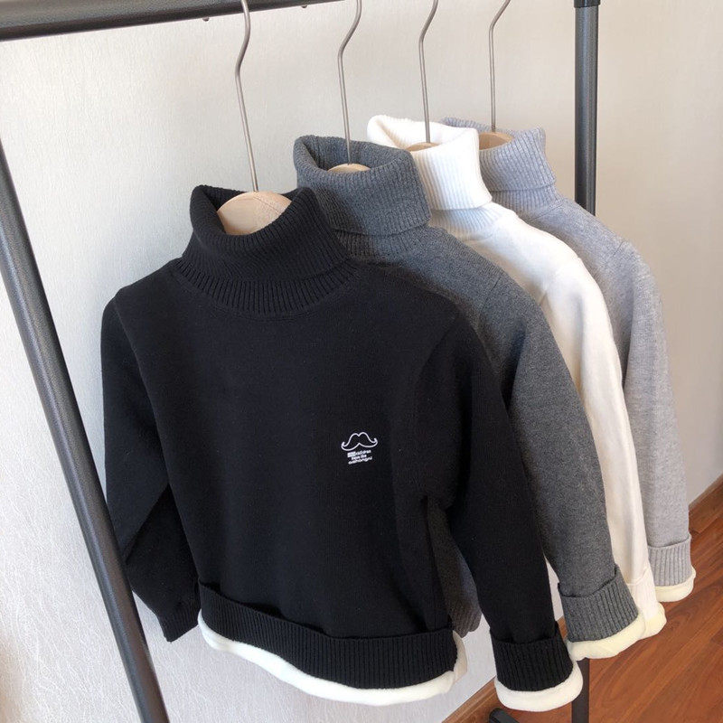 Male and female child high collar sweater Garnapped thickened black and white thread shirt Children full cotton knit cardiovert baby hooded sweatshirt-Taobao