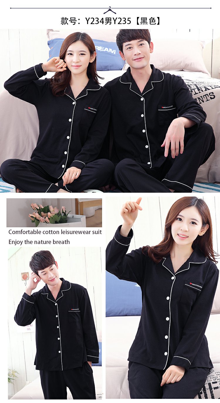 Phiên bản Hàn Quốc của bộ đồ ngủ đôi cotton cotton tay dài mùa xuân và mùa thu đông nam và nữ màu đen bí mật phục vụ nhà cotton phù hợp do bo