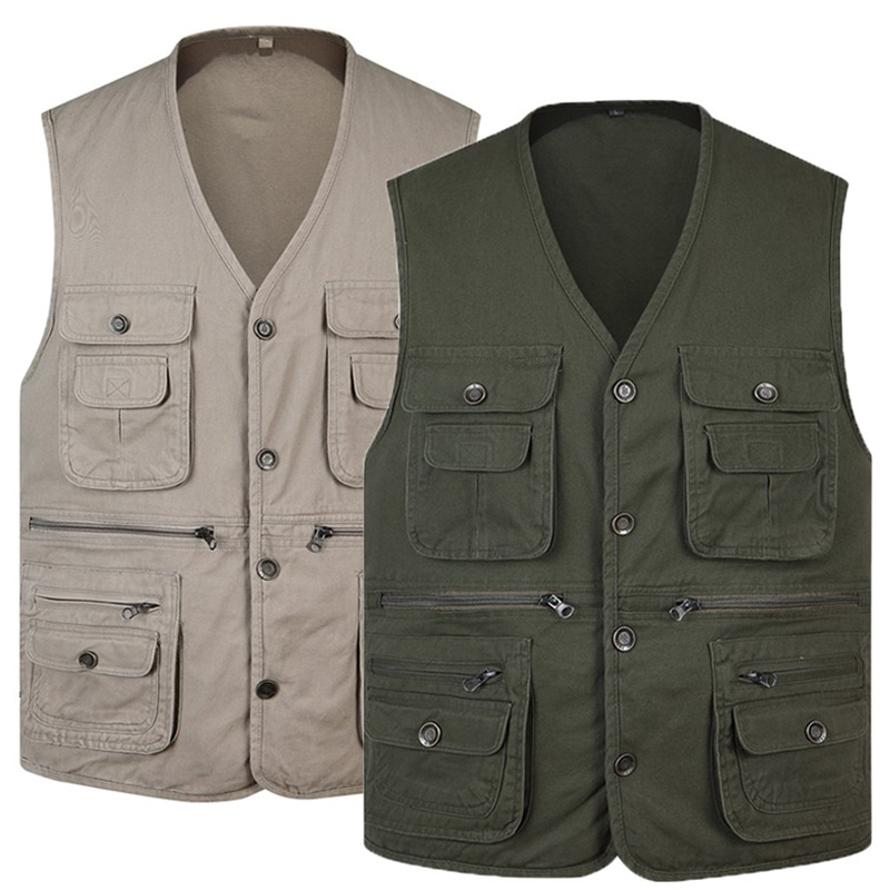 Spring and Autumn Middle-Aged and Elderly Men's Pure Cotton Multi-Pocket Vest, Casual Fishing and Photography Vest, Plus Size Vest for Dad