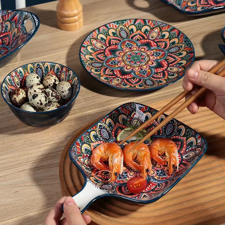 Bohemian Style Plate with Handle 9inch Handle Plate for Home Use High Aesthetic Value Tableware High Temperature Underglaze Color Bohemian Style Plate with Handle 9inch Handle Plate for Home Use High Aesthetic Value Tableware High Temperature Underglaze Color