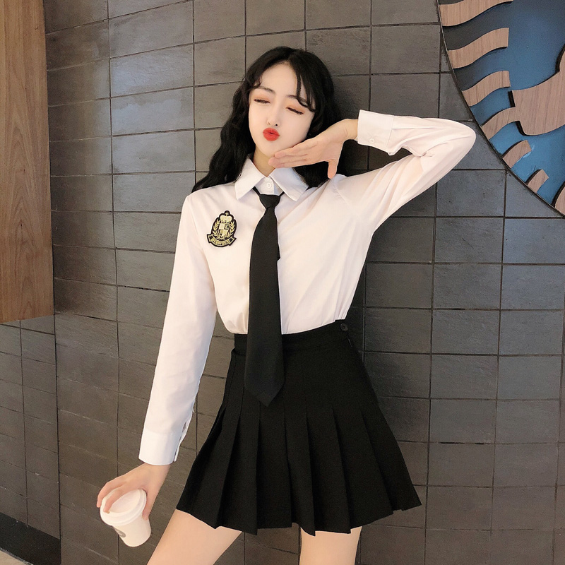 2020 new fall Korean version large size student class dress white shirt woman long sleeve loose pure color slapped bottom tie shirt
