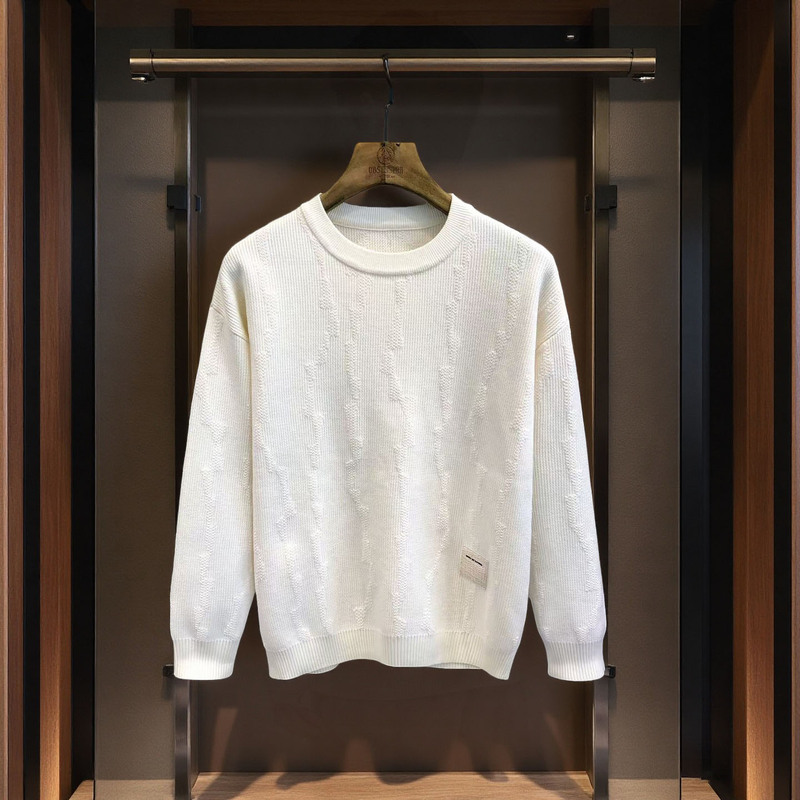 High-End Textured Jacquard Crew Neck Knit Sweater for Men, 2025 Winter New Style, White Inner Sweater for Trendy Men
