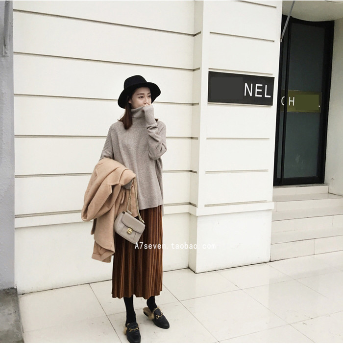 百褶中长裙女秋冬款韩版潮松紧腰半身裙厚实丝