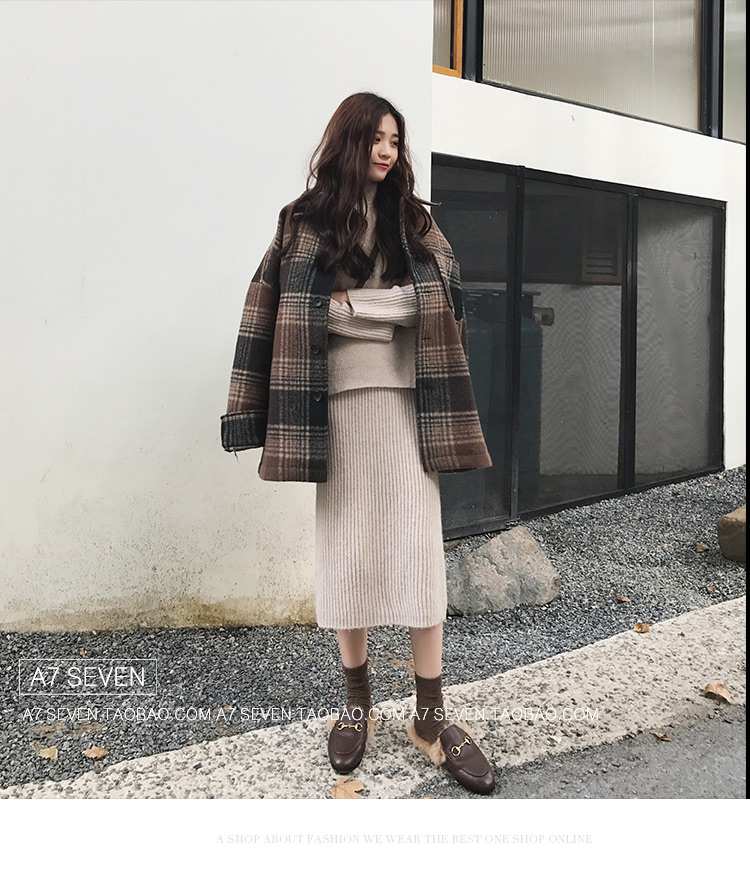 Retro kẻ sọc áo len nữ sinh viên mùa đông Hàn Quốc phiên bản lỏng mỏng BF Harajuku phong cách dày len áo triều áo dạ choàng nữ đẹp