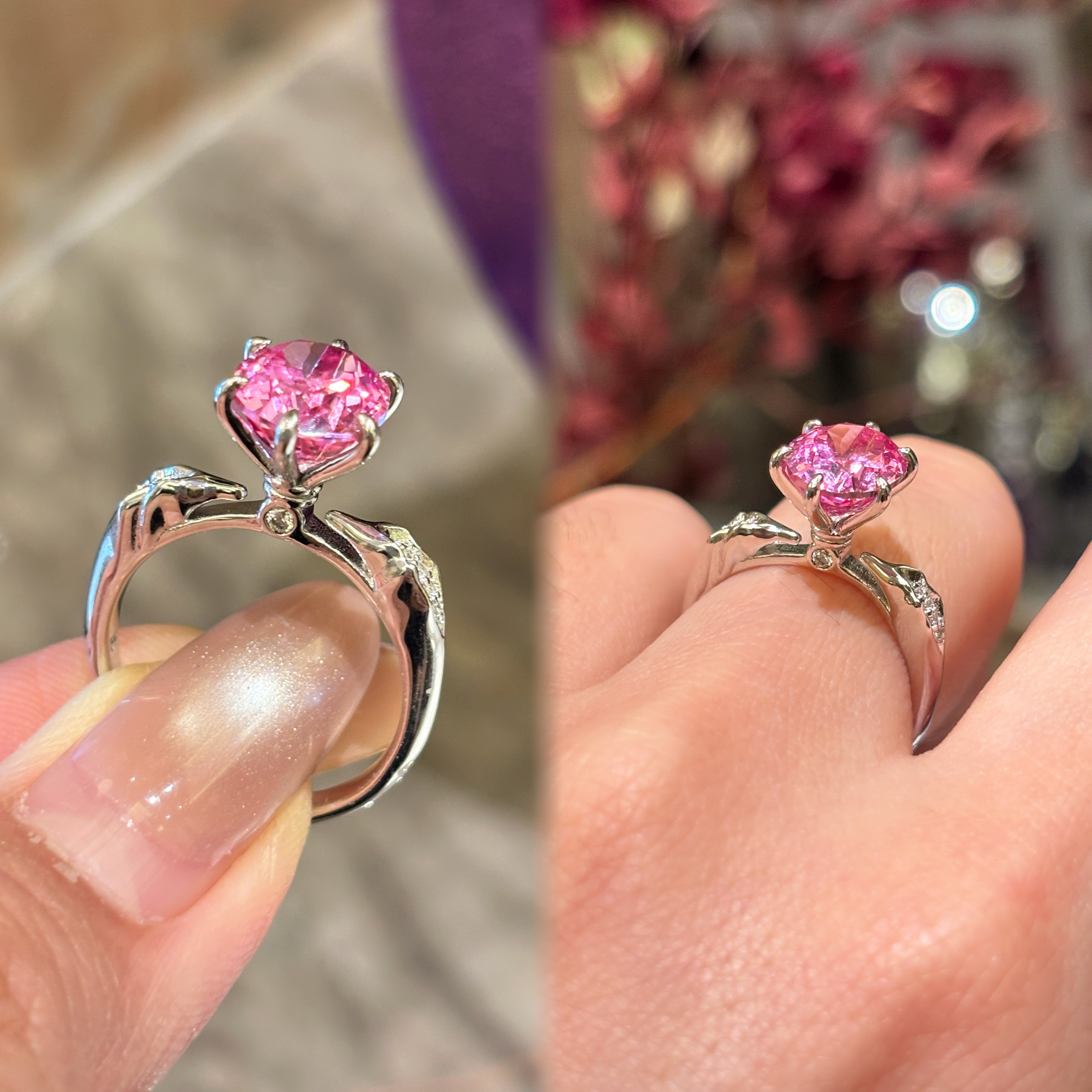 VISING cultivated pink sapphire 3 carat right-angle shoulder ring S925 silver gold-plated <flame melting method>