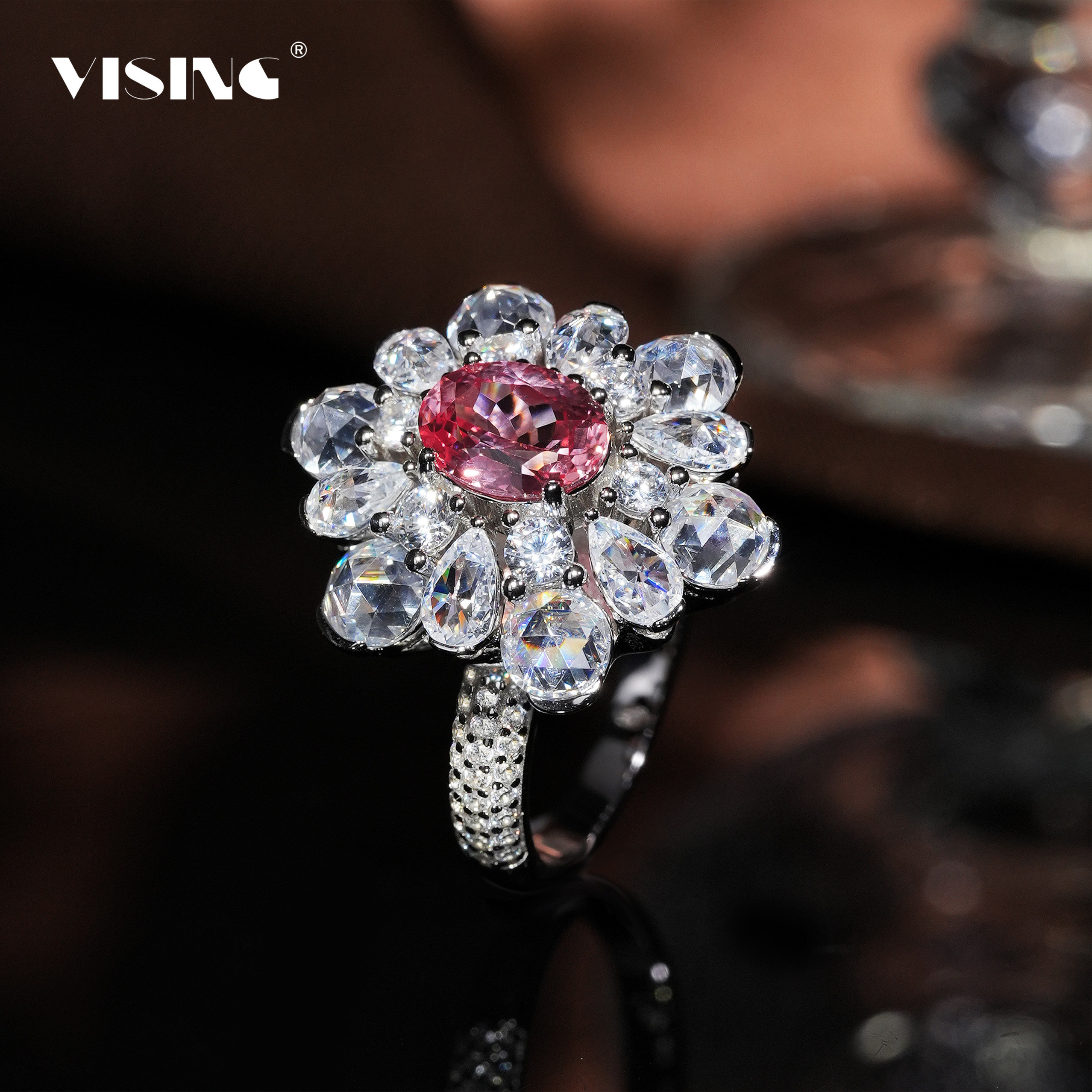 VISING Breeding Padparadscha Rose Cut Dove Egg Ring S925 Silver 1.6ct International Certificate
