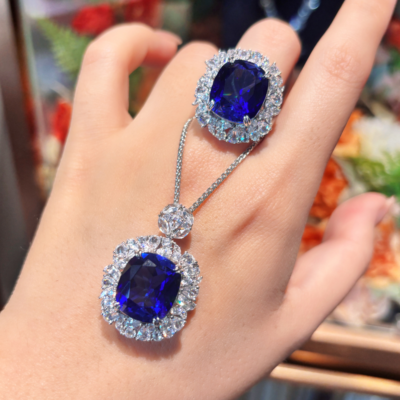 Vising Cultivated Sapphire Royal Blue Luxury Ring and Pendant Set, Approximately 16 Carats, with "National Inspection Certificate."