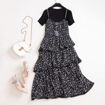 Large size womens clothing 2021 summer fat sister Western style Chiffon super fairy long dress suit fat mm belly cover thin dress