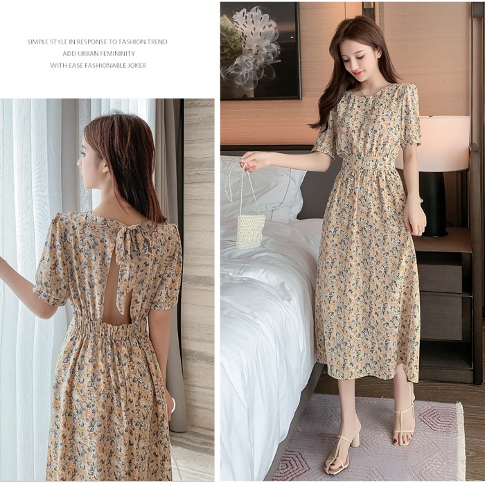 Shiffon dress, long skirt, floral print, 2020, with short sleeve, mid-length Shiffon dress, long skirt, floral print, 2020, with short sleeve, mid-length