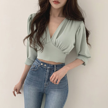 Korean chic design sense V-neck self-cultivation careful machine back strap bow short section long-sleeved chiffon shirt women