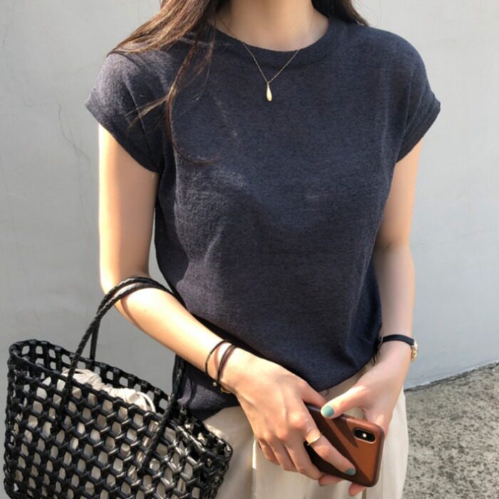 South Korean chic summer retro minimalist foundation slimming cool loose-fitting round collar short-sleeved T-shirt top girl