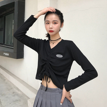Super fire drawstring high waist long sleeve Net red T-shirt womens spring ins design sense niche retro short navel top
