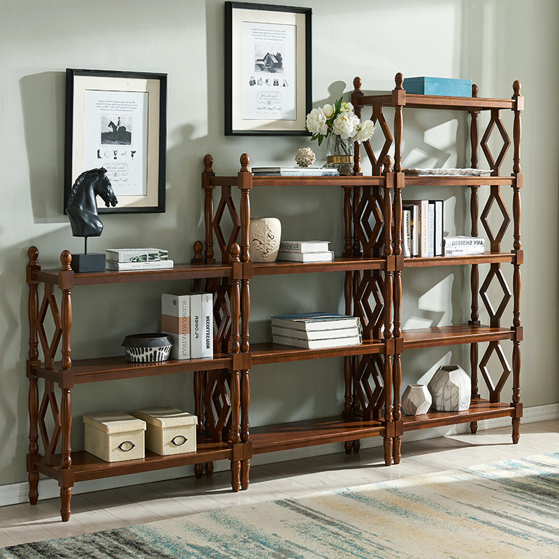 American rural solid wood multilayer frame European-style retro bookshelf on floor shelf Living room Xuanguan Decorative Shelf Display Cabinet