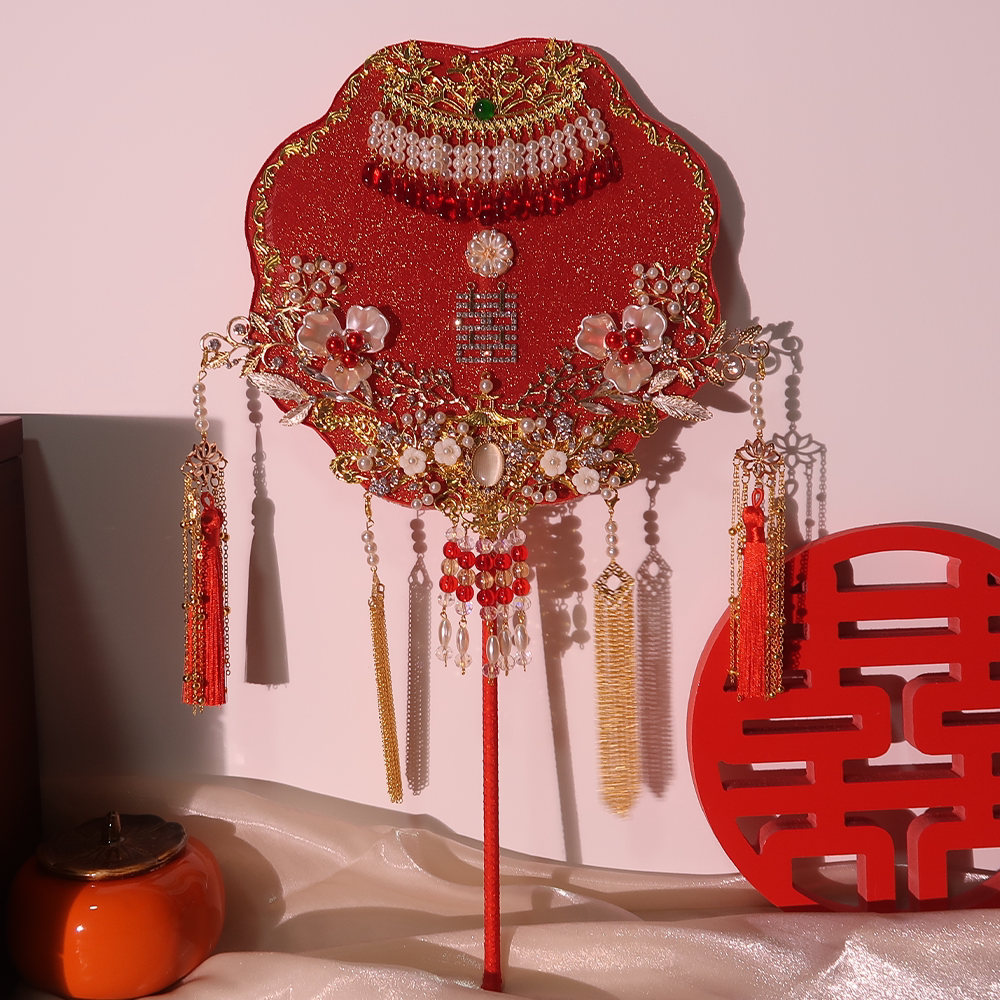 Long Handle Xiuhe fan bride wedding ancient style Chinese double-sided fan fan with flowers finished wedding gift