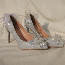 Lolita hand as pointed cos high heel shoes female finer with bright slices wedding shoes Show and wedding gown two dress watercrystal shoes